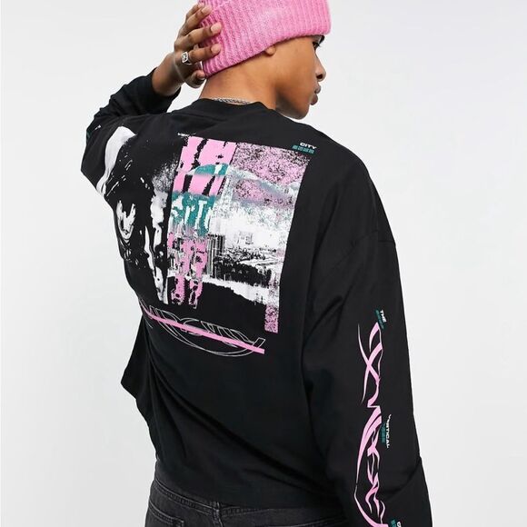 ASOS oversized long sleeve t-shirt in black with & matrix sleeve print size L - Picture 9 of 10